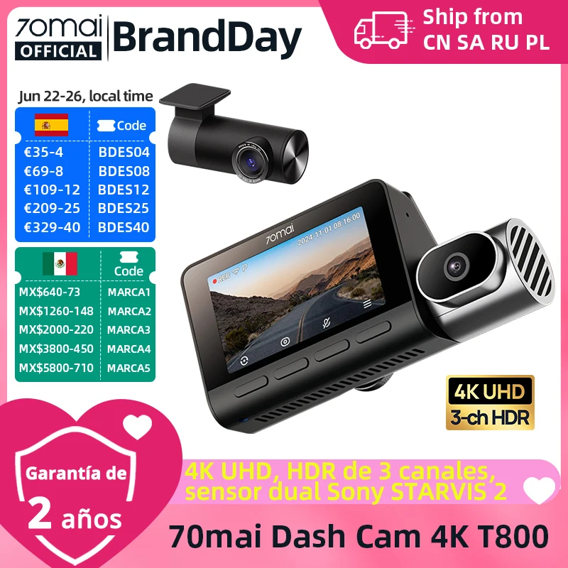 【Entrepôt Local Pl】 Versión Global 70Mai 4K Dash Cam T800 Supercondensador Hdr De 3 Canales Wifi 6 Control De Voz 4G Lte 70Mai Dvr Para Coche — -54%, 627.76€ Coupon, from 515.75€ – 54% descuento – €515.75