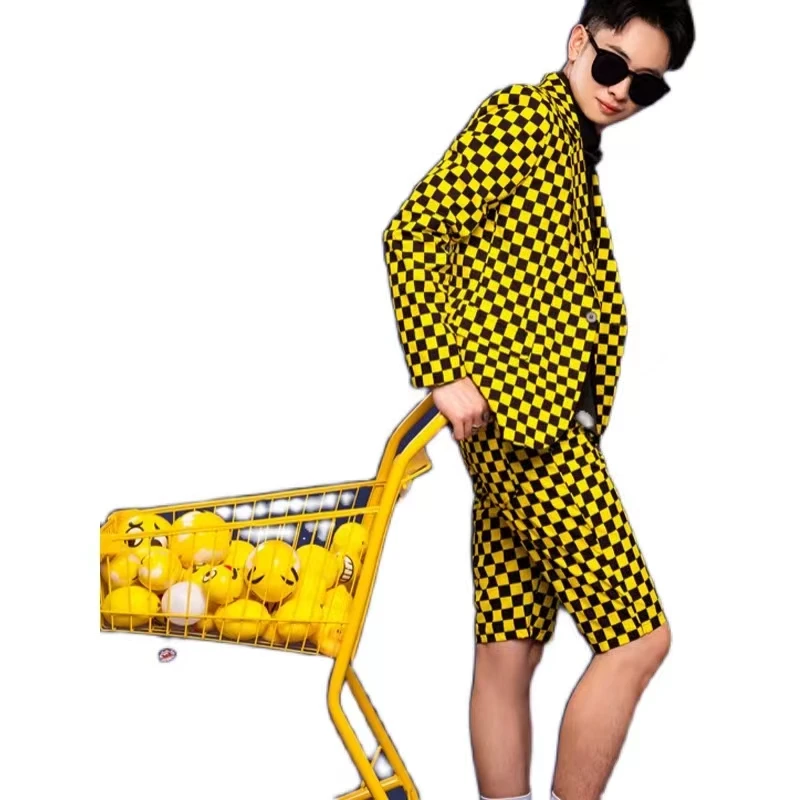 Yellow Checkered Suit British Style Jacket Korean Version Slim Fit Suit Shorts Set Nightclub Bar Host Singer Performance Costume