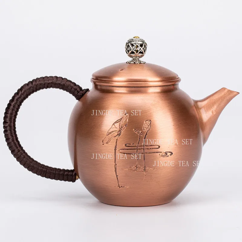 280ml Copper Teapot with Chinese Calligraphy Engraving and Rope Handle Handmade Kung Fu Tea Kettle for Tea Ceremony
