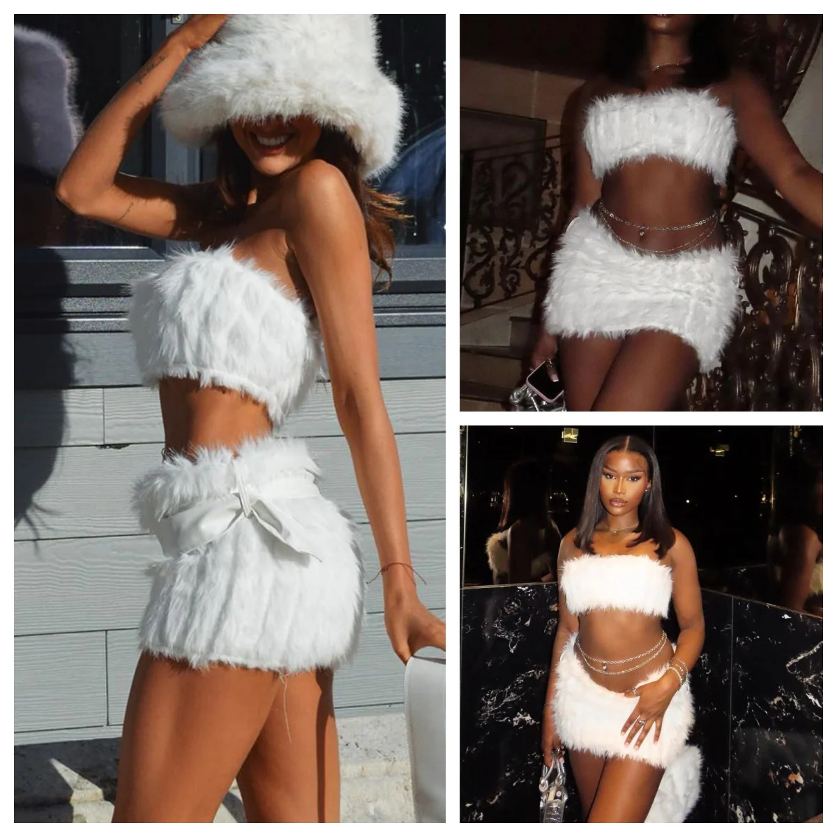 Hot deal: Y2K Coquette Cute Fluffy Knit Sweater Dress White Outfits The Plush Two-piece Suits Women Tube Top and Mini Skirt Matching Sets