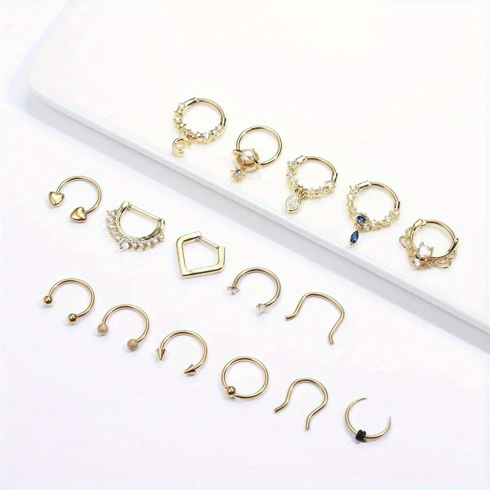 CASSIECA 1Pc 16G Surgical Steel Septum Rings  for Women Men Hypoallergenic Horseshoe CZ Dangle Helix Cartilage Piercing Jewelry