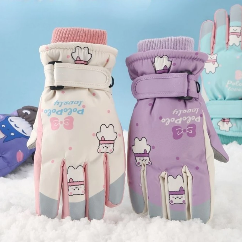 

Children's Ski Gloves Girls Winter Warm Gloves Cartoon Fleece Lined Thick Water Repellent Five Finger Gloves Winter Gifts