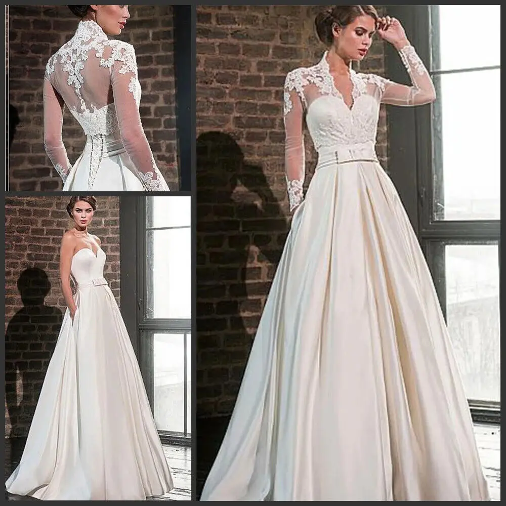 Sweetheart Satin Wedding Dresses With V Neck Lace Jacket A-line Bridal Gowns With Pockets