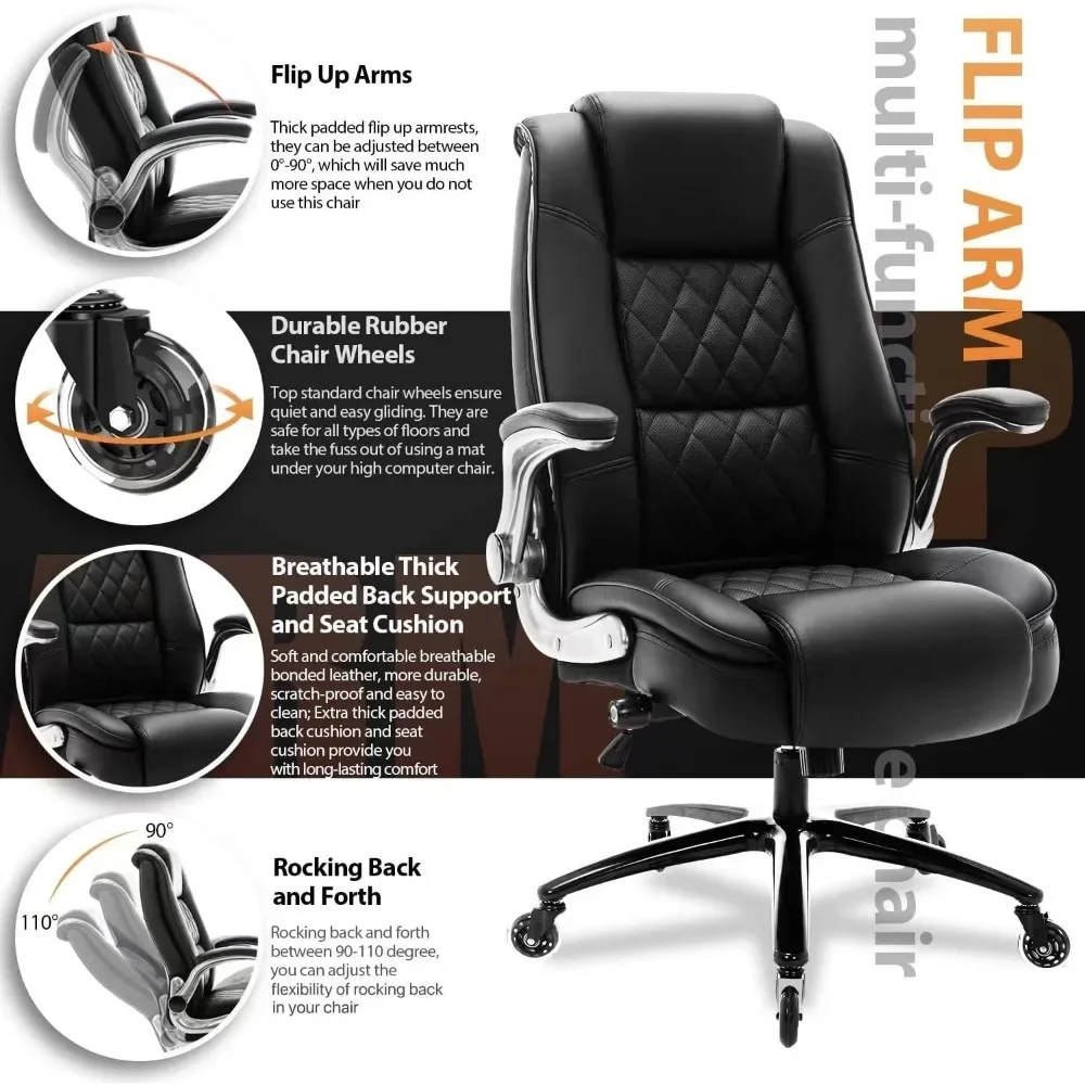 High Back Office Chair-Flip Arms Adjustable Built-in Lumbar Support,Thick Padded Strong Metal Base Quiet Wheels,Ergonomic Design