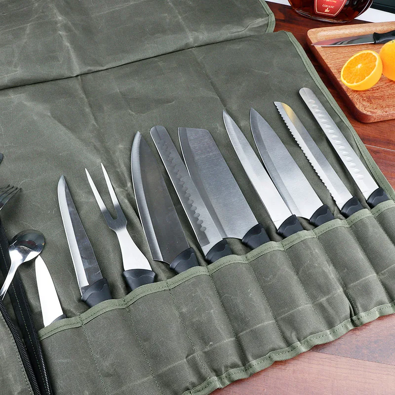 Canvas Chef Knife Roll Bag Organizer Portable Travel Slicing Cleaver Cooking Knife Storage Pocket Carry Case Kitchen Accessories