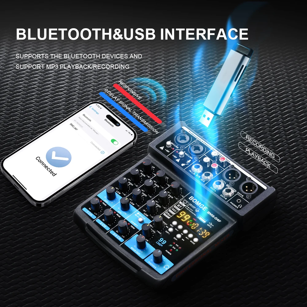 BOMGE 04F المحمولة 4 قناة 99 DSP DJ تسجيل الصوت جهاز مزج الصوت واجهة خلط وحدة التحكم كاريوكي مع MP3 USB 48 فولت بلوتوث
