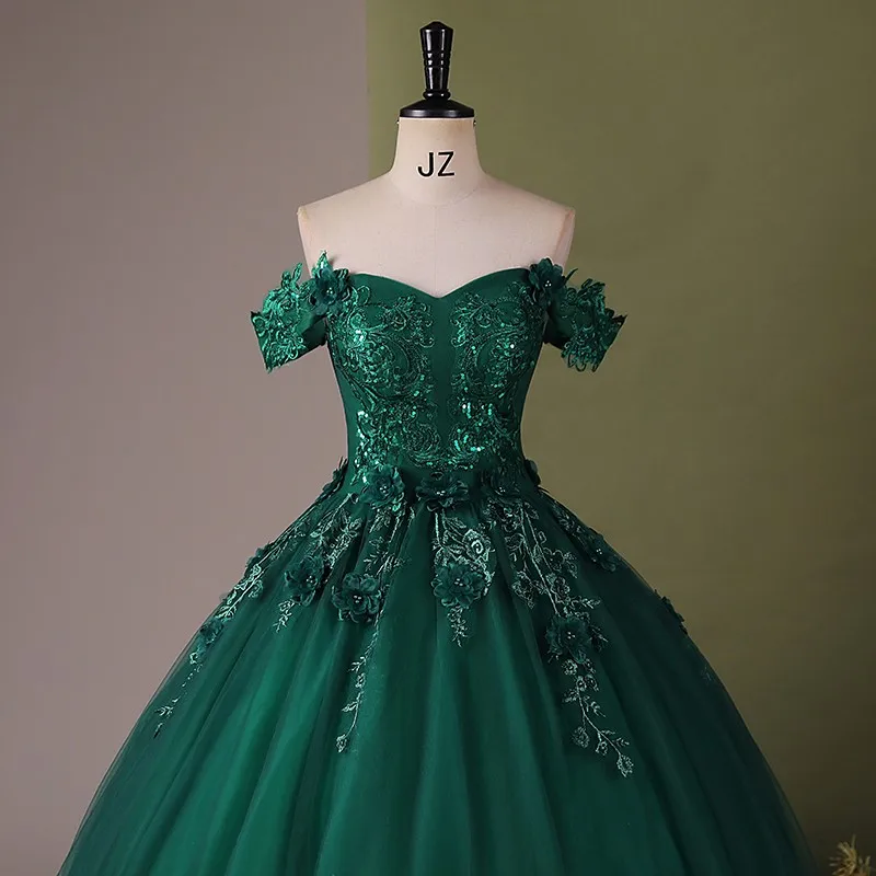 Vestido De quinceañera verde oscuro con apliques De hombros descubiertos, vestido De fiesta De graduación, vestido De baile De encaje con tren pequeño, 15