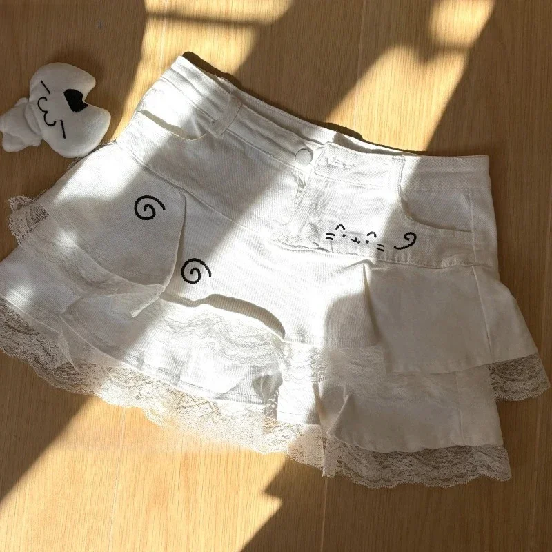 Japanese Kawaii Lolita Sweet Short Skirts Women Summer Cute Lace Ruffle Denim Skirt Gothic Y2k Cartoon High Waist Cake Skirt New