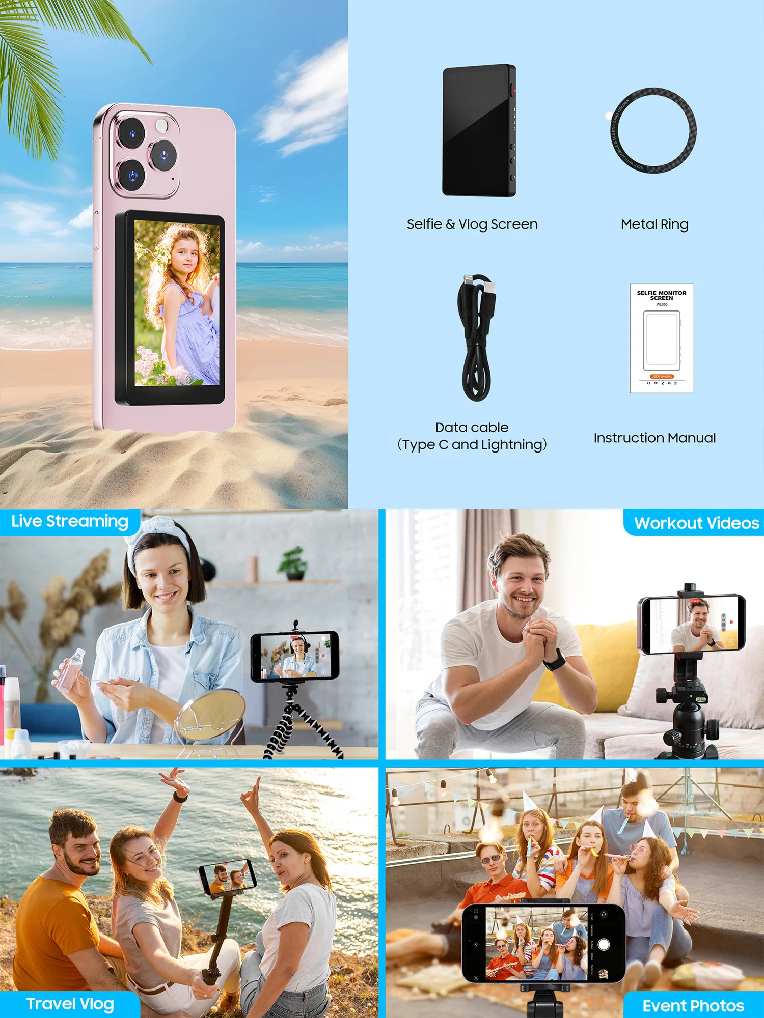 Monitor Selfie Nirkabel Magnetik 1500mAh, Berbagi Layar untuk iPhone Android Smartphone, Kamera Belakang, Vlog, Rekam Video, Selfie