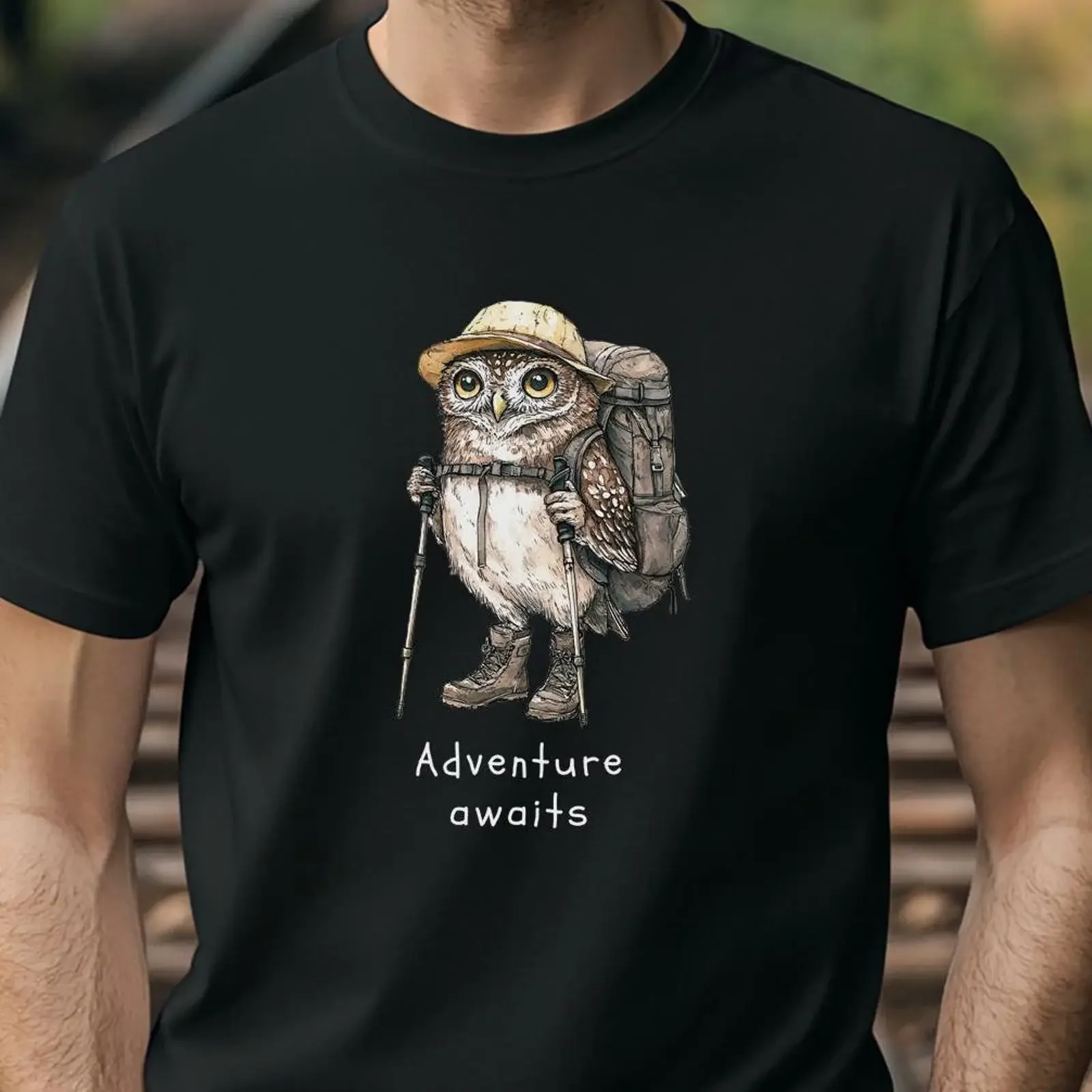 Adventure Awaits Hiking Owl T Shirt Funny for Nature Bird Lover Hiker Ornithologist Forester Casual vintage Washed Stylish