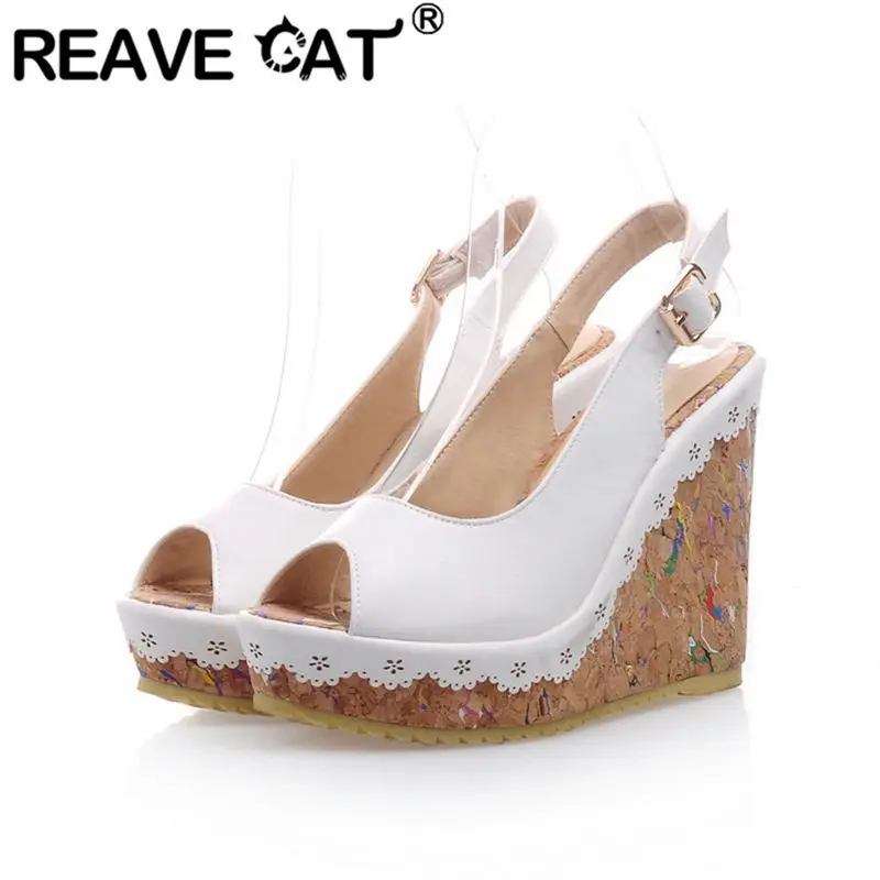 REAVE CAT Women Sweet Sandals Peep Toe 11.5cm Wedge Heels 3.5cm Platform Back Strap Plus Size 42 43 44 Dating