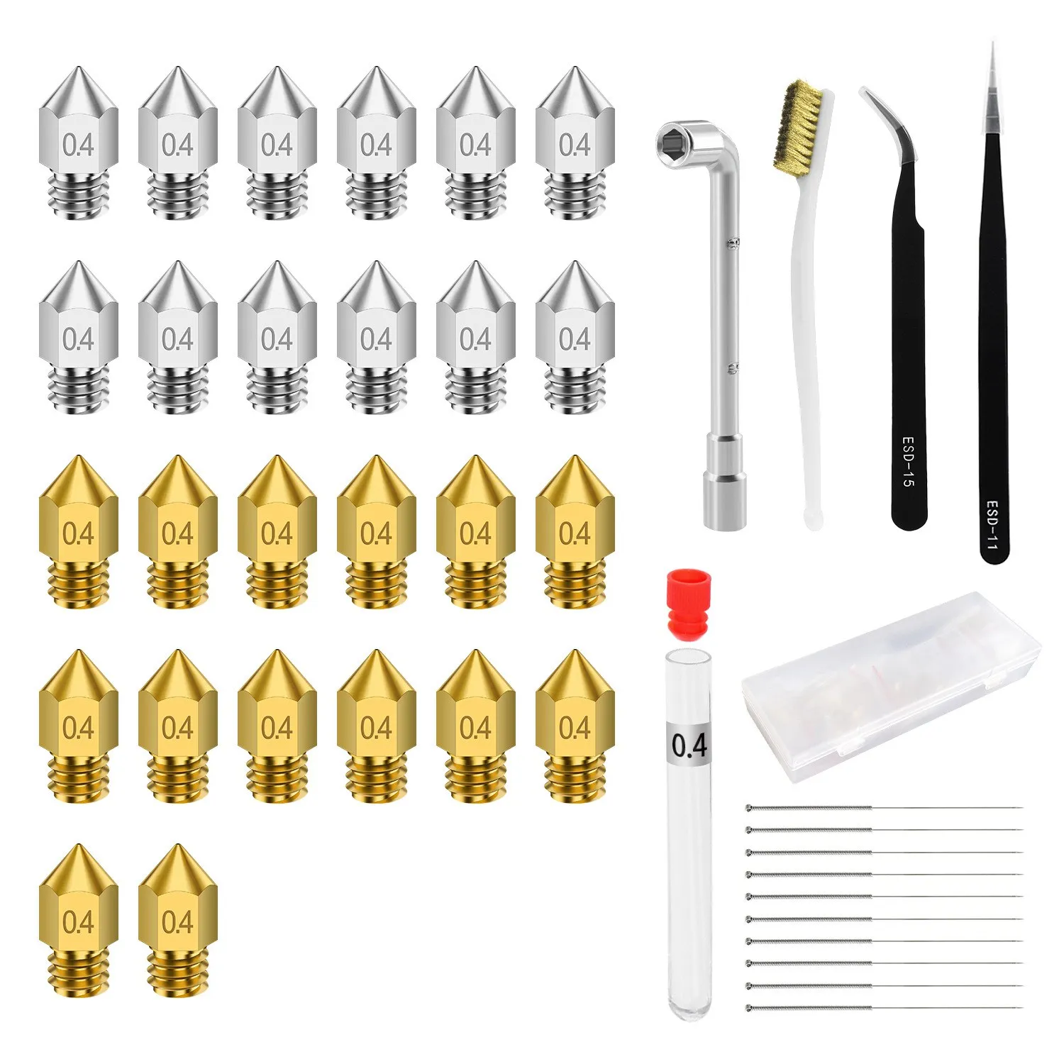 3D Printer Nozzle Cleaning Kit, 24Pcs 0.4mm for MK8+Tweezers+Wrenches