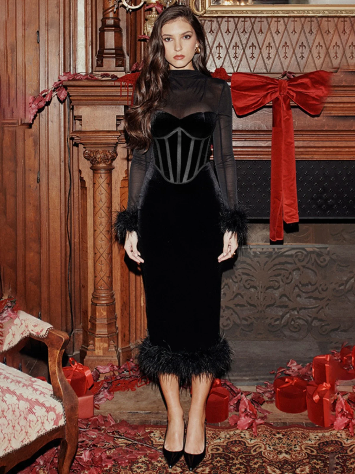 

Mesh Patchwork Waistband Dress Mesh Stitching Puffed Long-sleeved Waist Dress Women