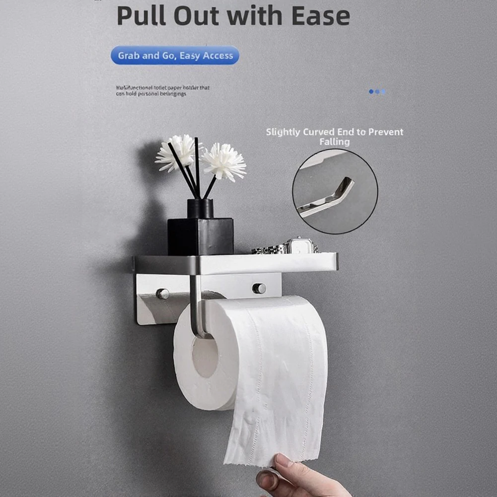 Modern Toilet Paper Holder with Spacious Shelf 304 Stainless Steel for Large Rolls Humidity Resistant Silver Finish