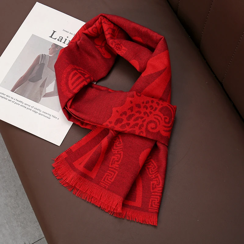 Chinese Red Imitation Slik Scarf For Men Women Couples Winter Shawl Thickened Printed Fu Warm Popular Neck Warmer New Year