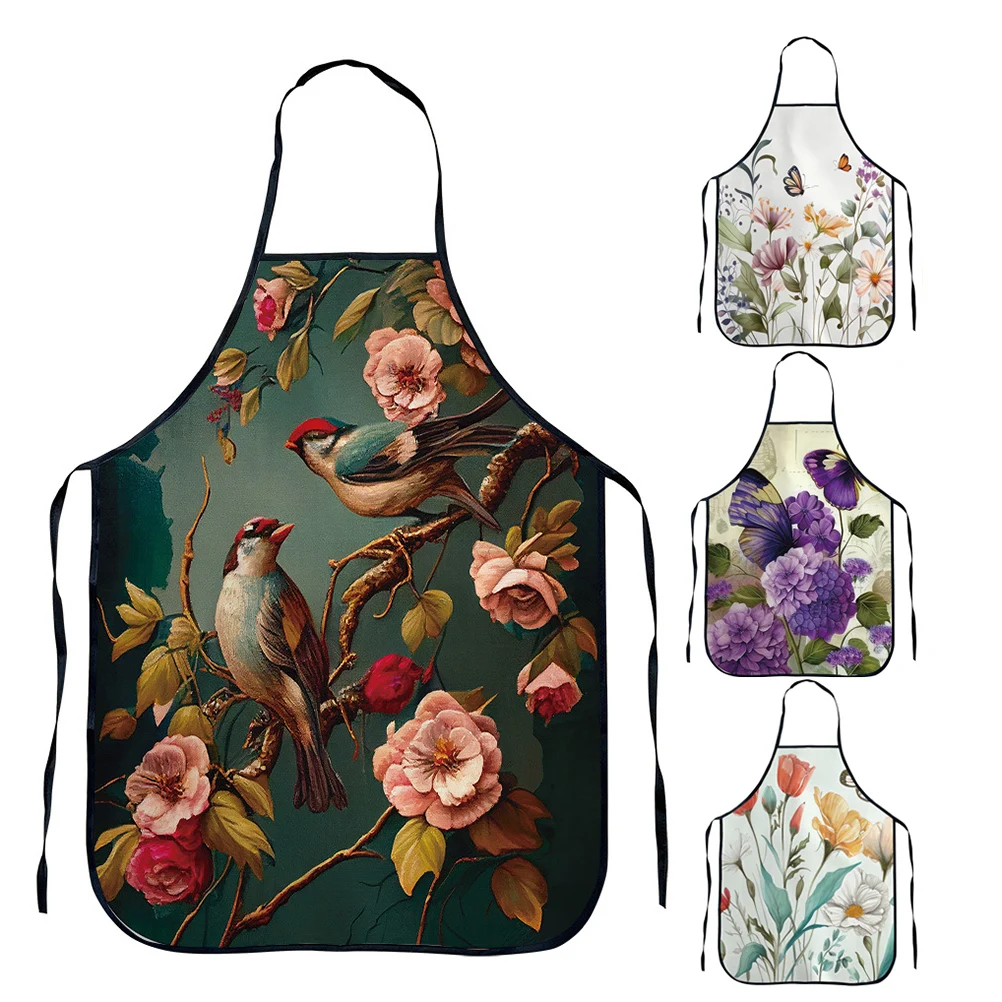 Waterproof Kitchen Apron for Men and Women, Flowers and Birds Print, Cooking, Home Cleaning Tools, 1 Pc