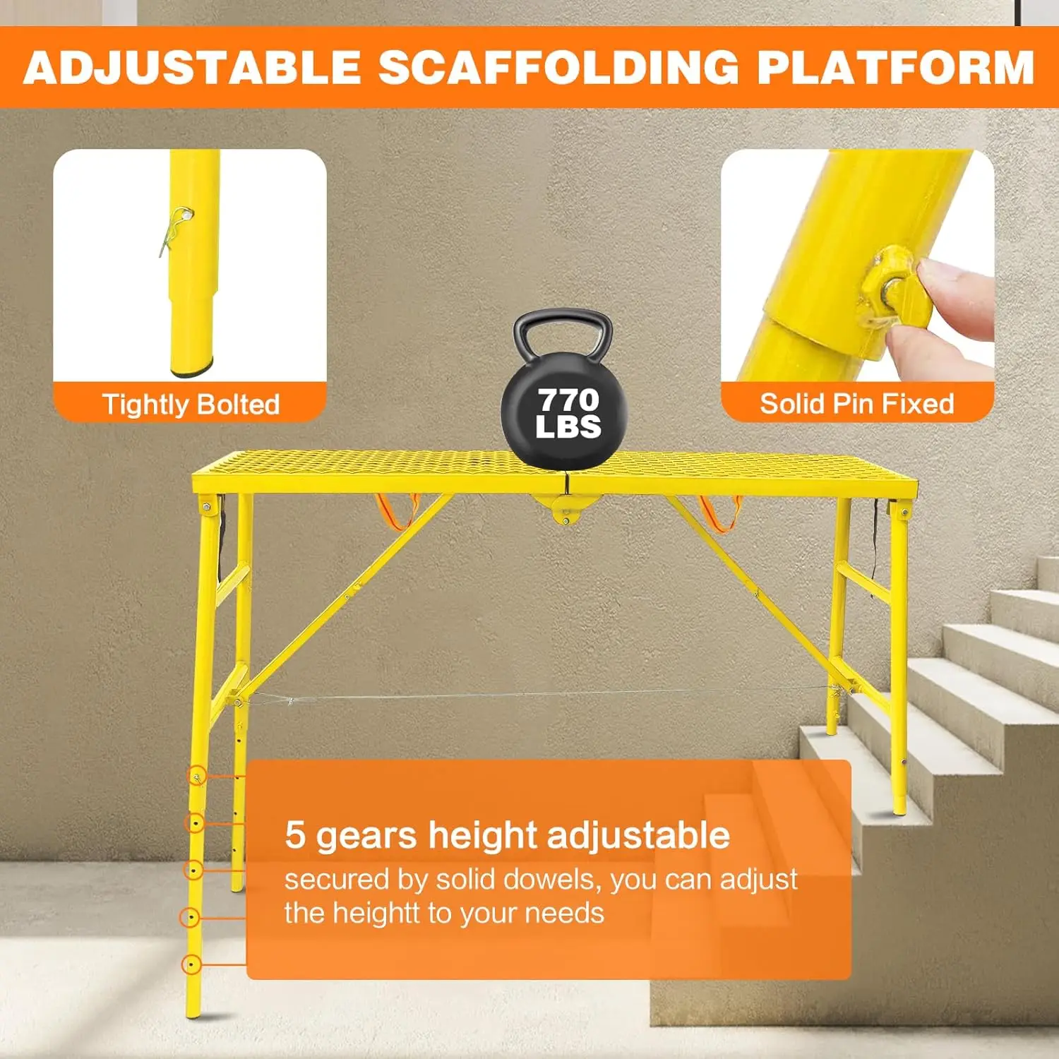 Adjustable Scaffolding Platform, 70(L) x15(W) x Work Platform Lader, Portable Folding Scaffold Ladder 770 Lbs Capacity