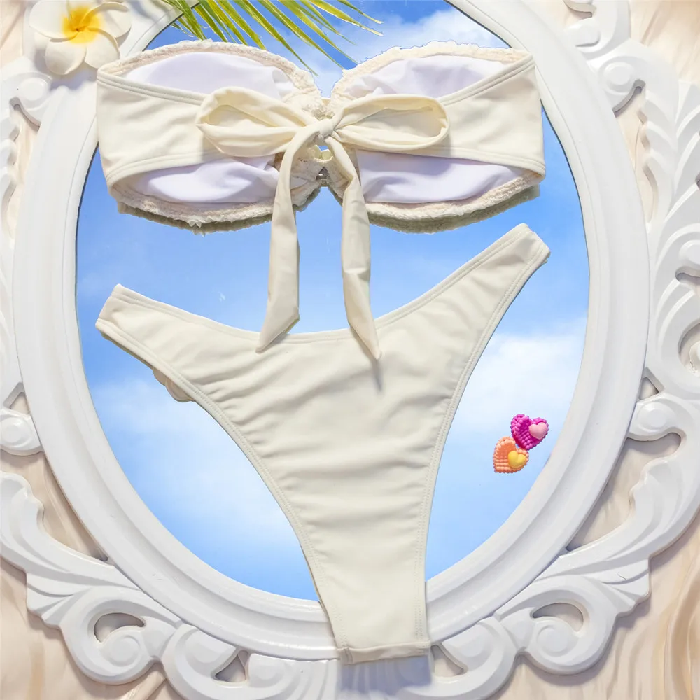 3D Bloem Bandeau Witte Bikini Sets Vrouwen Ring Gekoppeld Badmode Sexy Badpakken Hoge Cut Badpak Terug Geknoopt Bikini Mujer