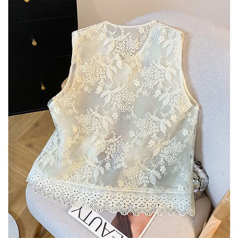 Women's Jackets Women's Vest Spring and Summer Embroidery Loose Cardigan Sleeveless Vest Small Coat Lace Beaded Short Coat