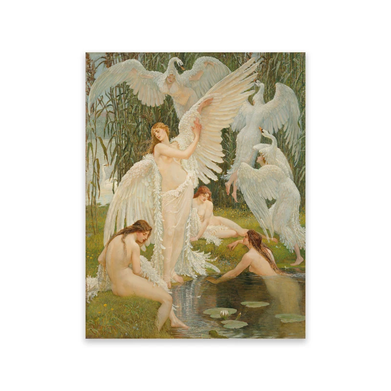 Frameless The Swan Maidens Painting Walter Crane English Painter Canvas Winged Women Angels Gallery Wall Art Pictures Decor