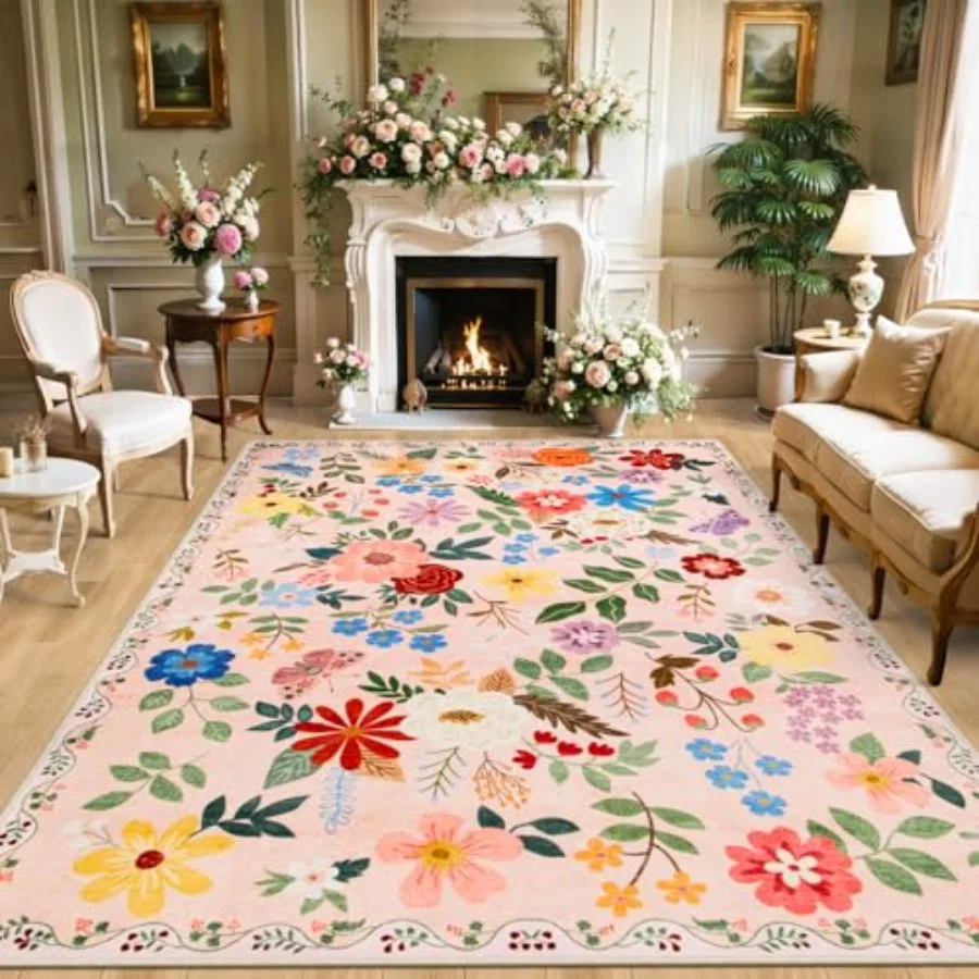 

8x10 Area Rugs for Living Room: Floral Washable Vintage Large Soft Boho Non-Slip Indoor Floor Rug Stain Resistant Carpet for Be