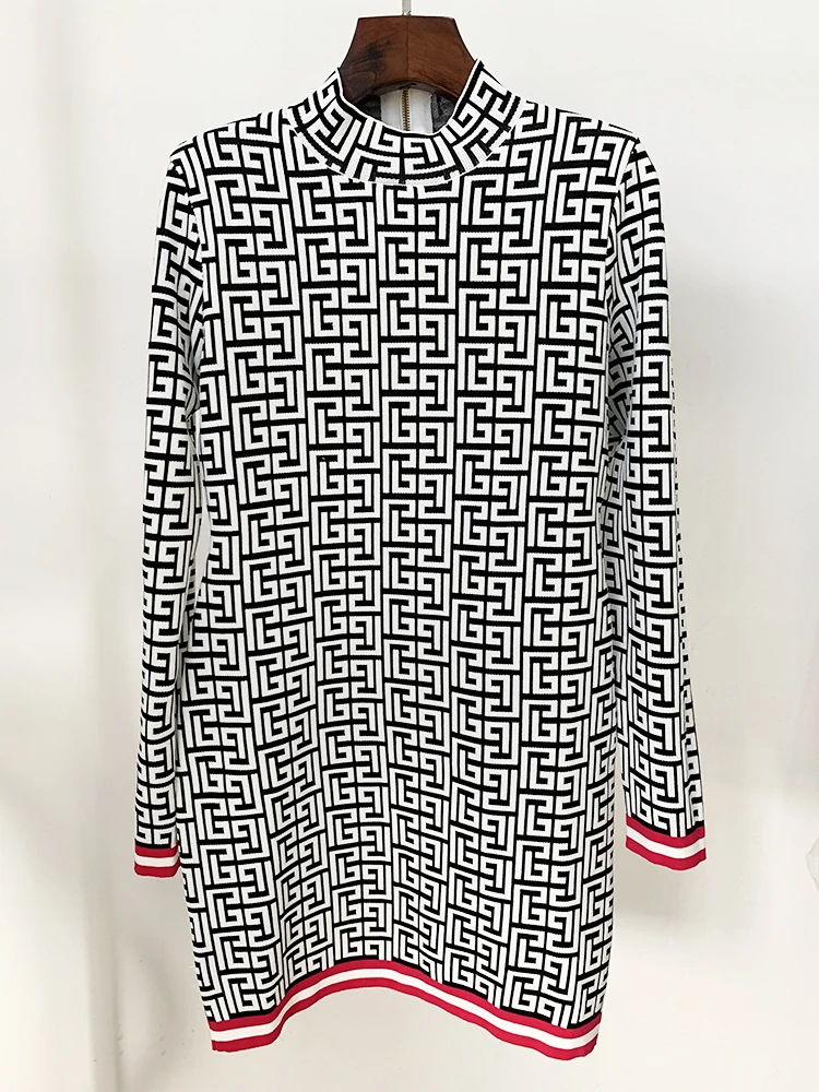 TOP QUALITY Newest 2024 Designer Fashion Women's Long Sleeve Geometric Monogram Knit Dress