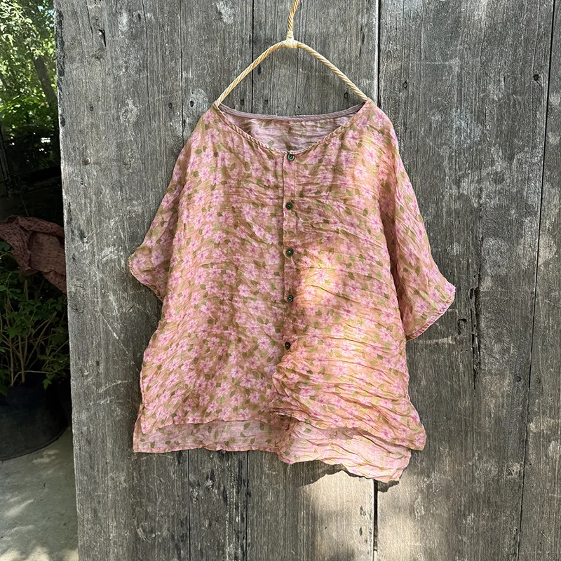 Floral impresso manga curta único botão ramie blusa feminina literária casual camisas de peso fino casual verão topos robe