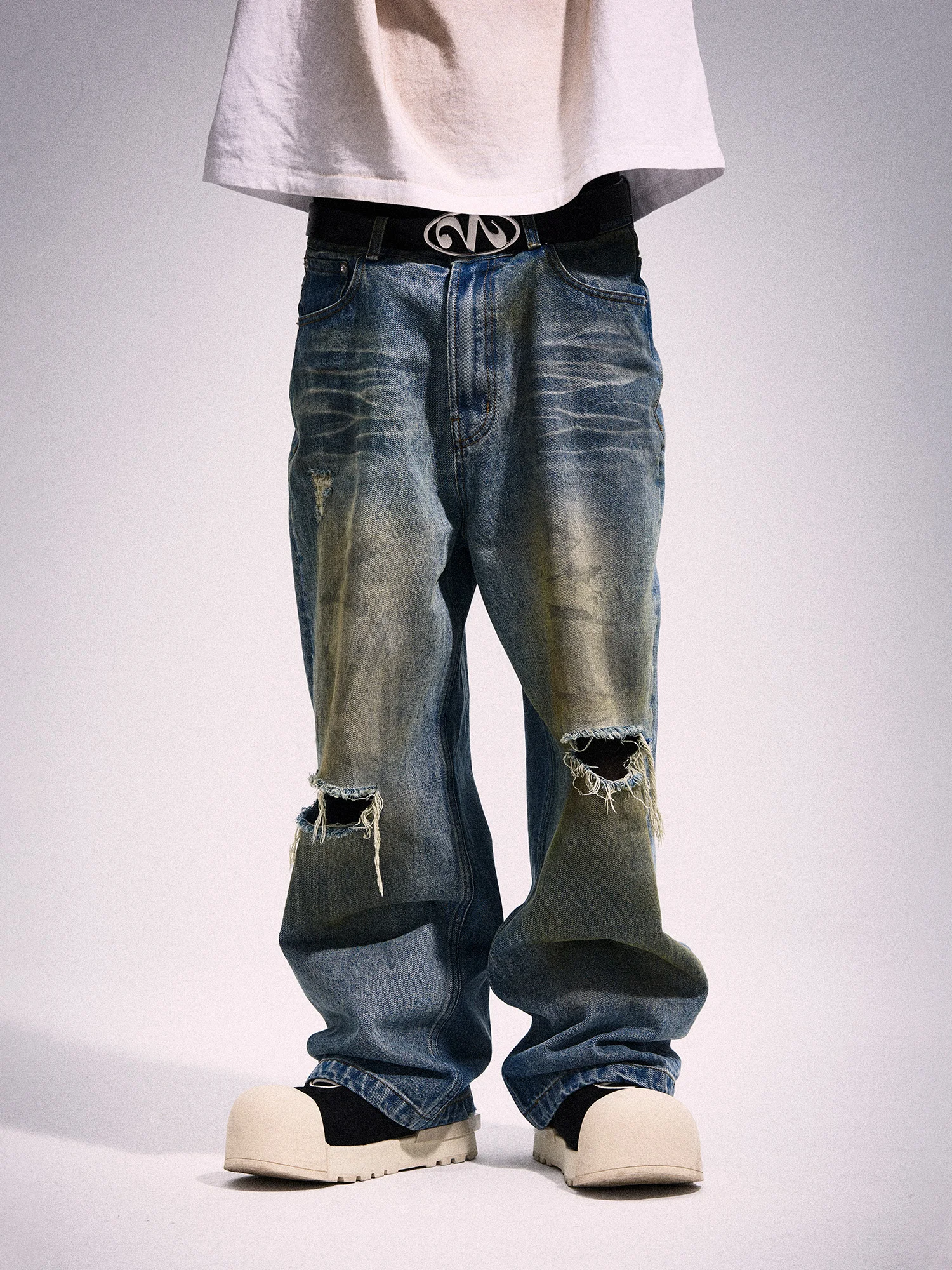 

2727WORLD Pharaoh Waed Denim Jeans American Retro Street Sle Mud Dyeing Vintage Vibe Loose Straight Leg Jeans for Youth