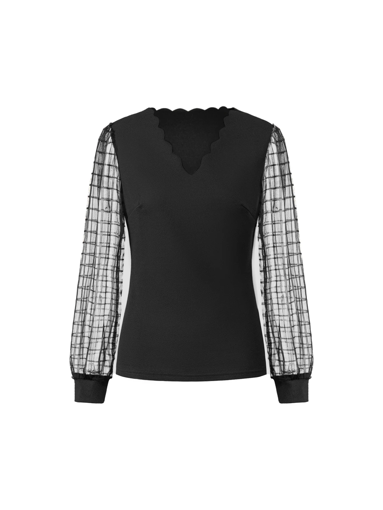 بلوزة نسائية ذات أكمام منتفخة شفافة ورقبة على شكل حرف V باللون الأسود - ملابس كاجوال أنيقة