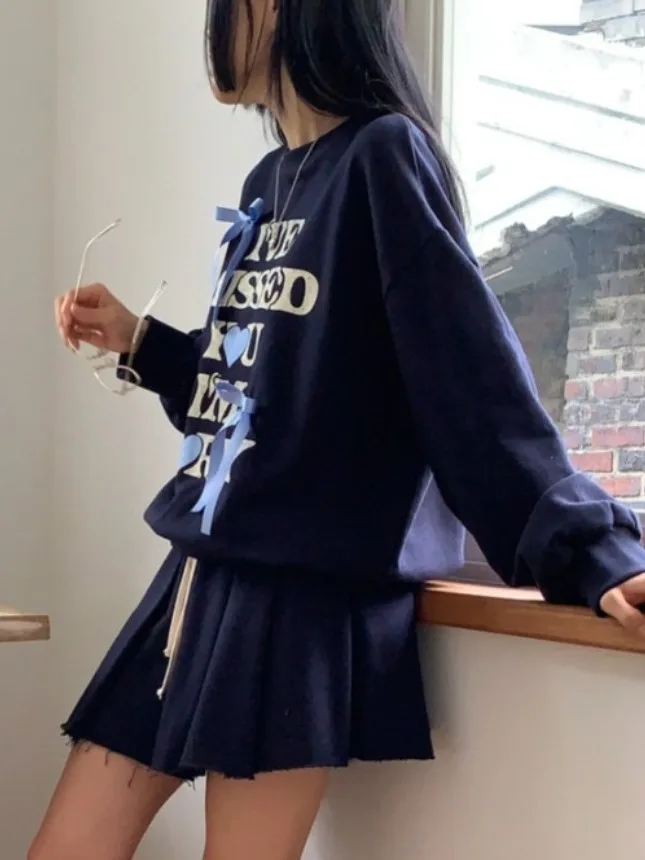 Sweet  Knot Letter Print round Ne Sweatirt f Skirt Faion Set for Girls Autumn Season Commute Sle Regular Fit