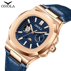 ONOLA Men's Business Hollow Fully Automatic Mechanical Watch High Quality Waterproof Leather Watches Men's Clock