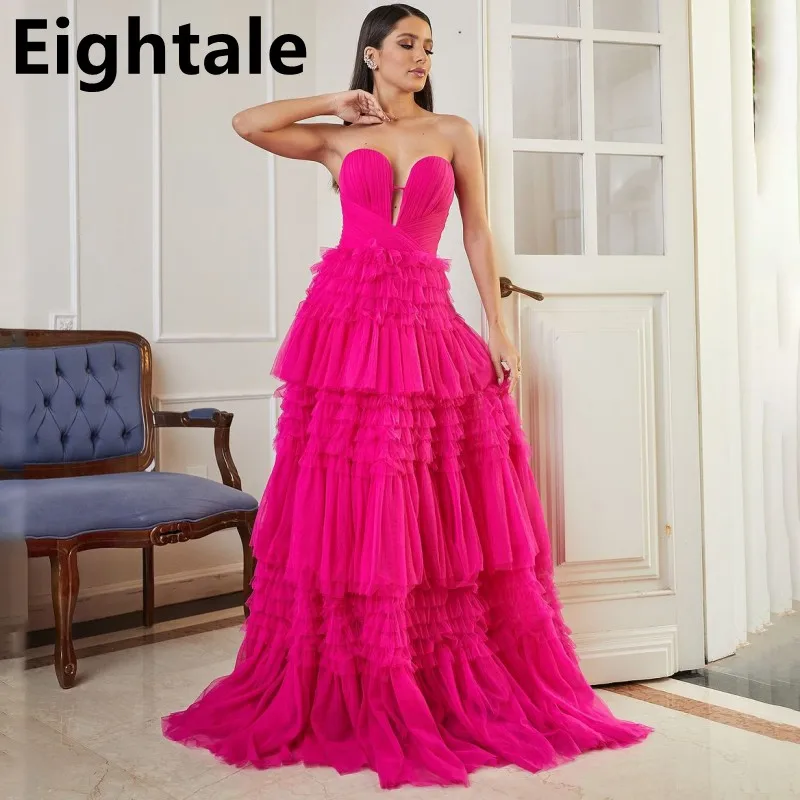 

Eightale Customized Fuchsia Tiered Tulle Sweetheart Evening Dress A Line Prom Dress Backless Women Formal Party Gown Dubai 2025