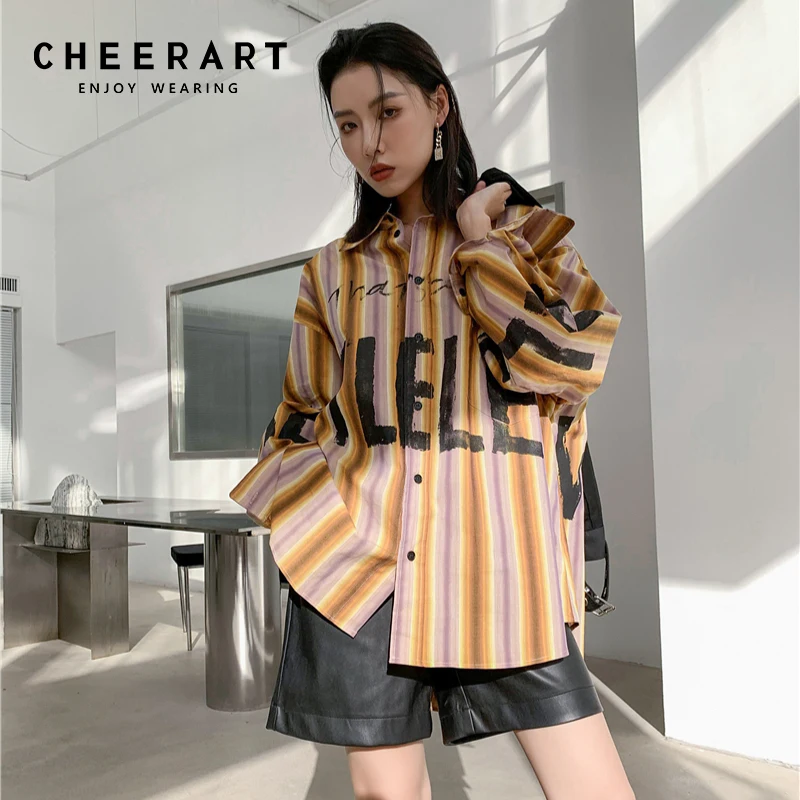 CHEERART Spring 2022 Fashion Women Oversized Shirt Striped Long Sleeve Button Up Shirt Letter Fashion Designer Top Streetwear