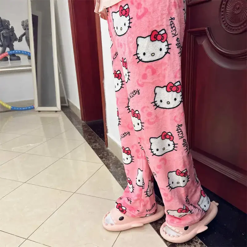 Sanrio-pantalones de pijama de lana de Hello Kitty para mujer, Pantalones suaves de Coral, pantalones casuales para el hogar, regalo de cumpleaños de dibujos animados de Anime Kawaii