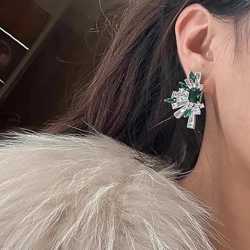 CAOSHI Simulated Emerald Stud Earrings Women Art Cubic Zirconia Cluster Earrings Bridal Wedding Party Evening Daily Jewelry Gift