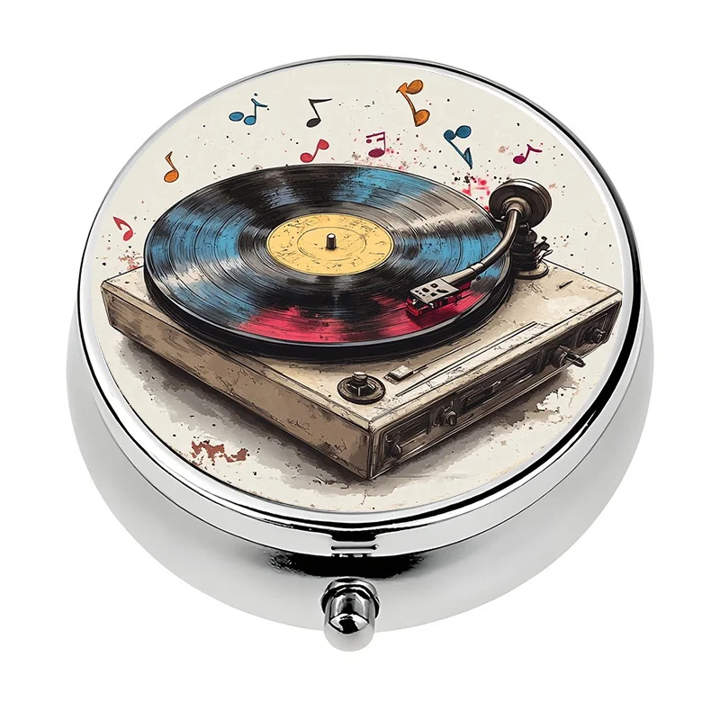 Mini pill box, single compartment, 3-compartment design, music-themed, compact metal pill box, perfect for travel - easy to fit in a purse or pocket