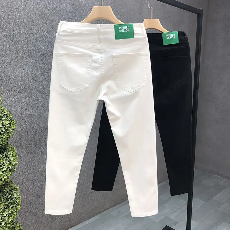 Fashion Luxury Designer Men\'s White Black Jeans Slim Fit Korean Style Stretch Denim Pants for Summer  Stretch  Skinny Jeans Male