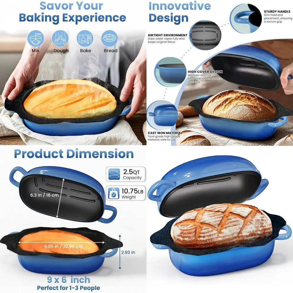 

Cast Iron Dutch Oven - 2.5QT Bread Baker with Non-Stick Silicone Liner, Blue Bread Pan for Sourdough and Family Baking