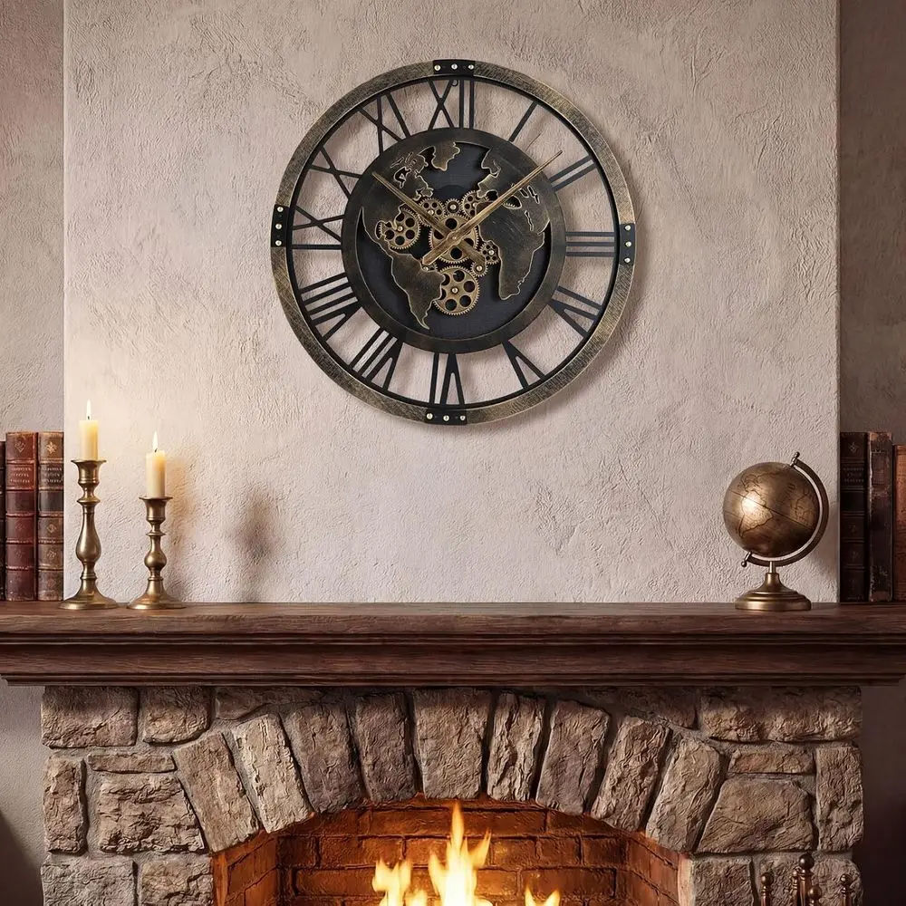 

27 World Map Gear Clock, Vintage Metal Wall Decor with Moving Gears, Battery-Powered for Living Room, Bedroom, Kitchen, Brown