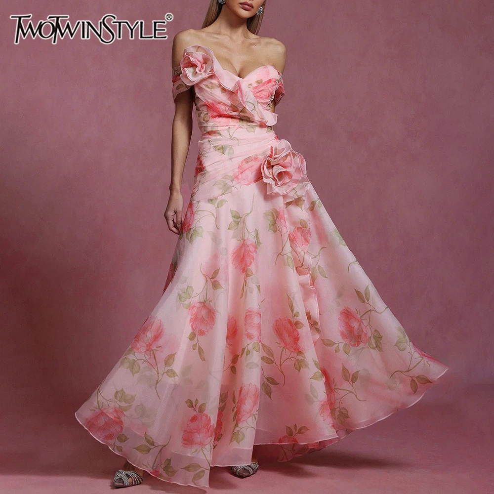 

TWOTWINSTYLE Printing Spliced 3D Flower Elegant Dresses for Women Slash Neck Off Shoulder Patchwork Fungus Folds Dress Female