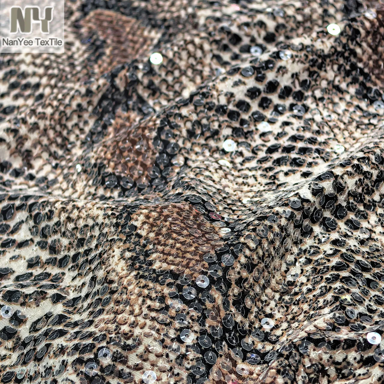 Full Cover 5MM Transparent Clear Sequins Embroidered On Polyester 4 Way Stretch Digital Printed Leopard Knitted Fabric