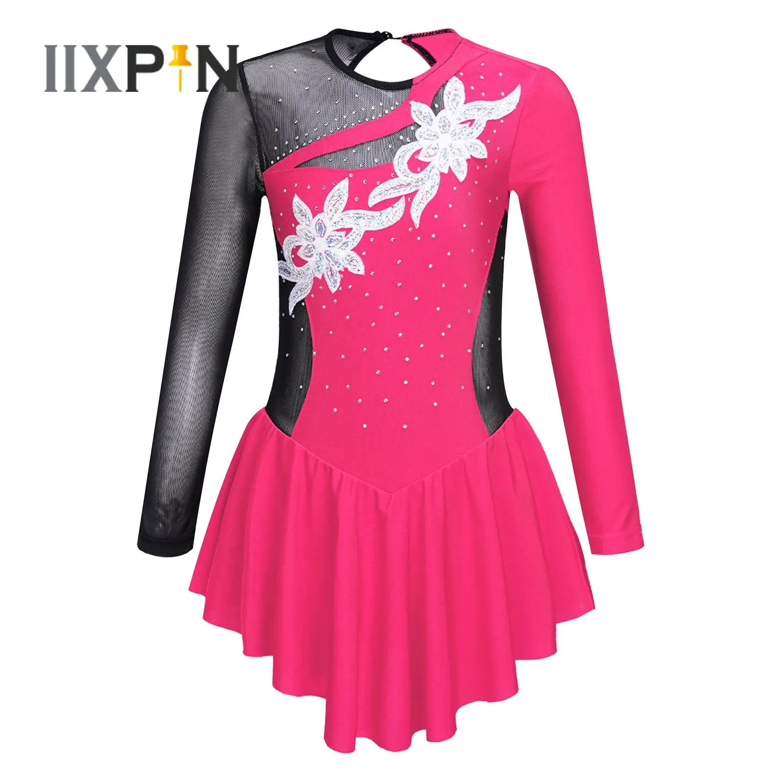 

Gymnastics Leotards Ballet Dress for Kids Girls Long Sleeve Shiny Rhinestone Flower Decor Patchwork Figure Skating Dance Dress