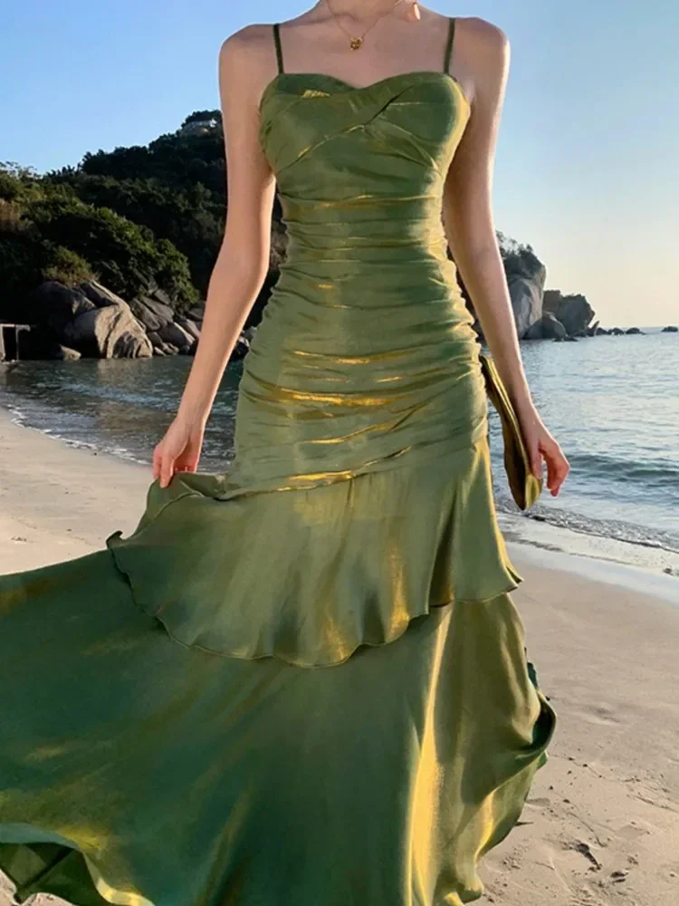 

Elegant Ruffles Party Dress For Women Sexy Spaghetti Strap Sleeveless Princess Evening Dresses Summer Holiday Beach Vestidos New