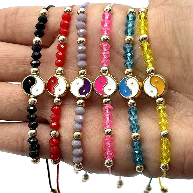 

12Pieces Tai ChiYin Yang Bagua Colorful With Crystal Woven Rope Adjustable Bracelet Bangle For Women Men Handmade Couple Jewelry