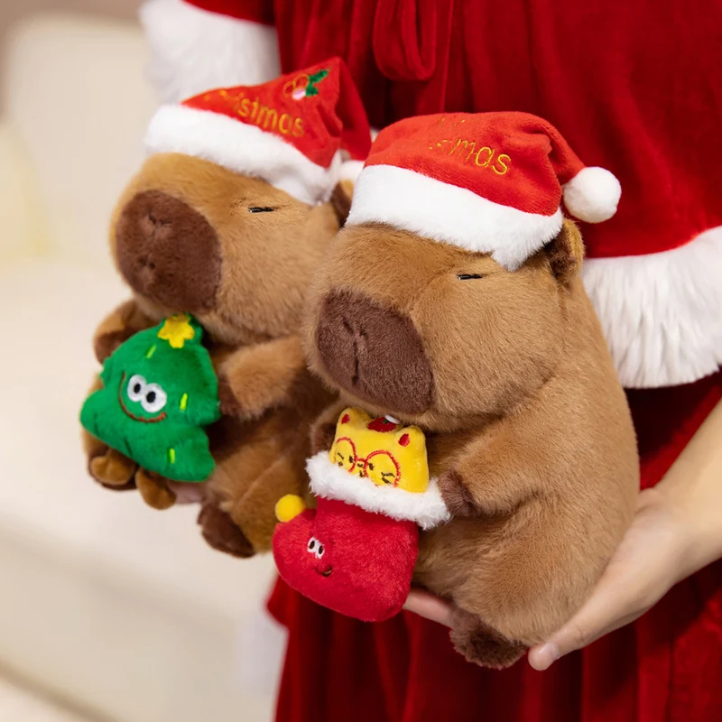 Kawaii Capybara Plush Toy New Year Red Hat Capibara Anime Doll Santa Hat and Tree Stuffed Christmas Gift Sleep Companion