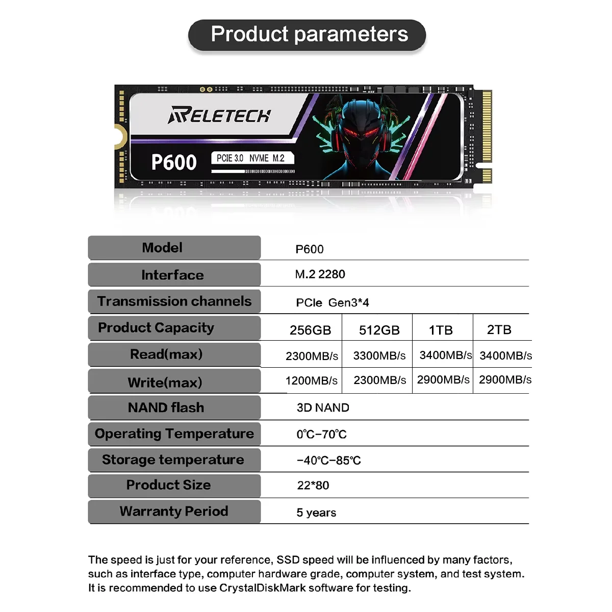 Reletech 노트북 데스크탑용 내장 하드 디스크, P600 m.2 ssd PCIe3.0 × 4 nvme, 1TB 2TB M.2 2280 SSD