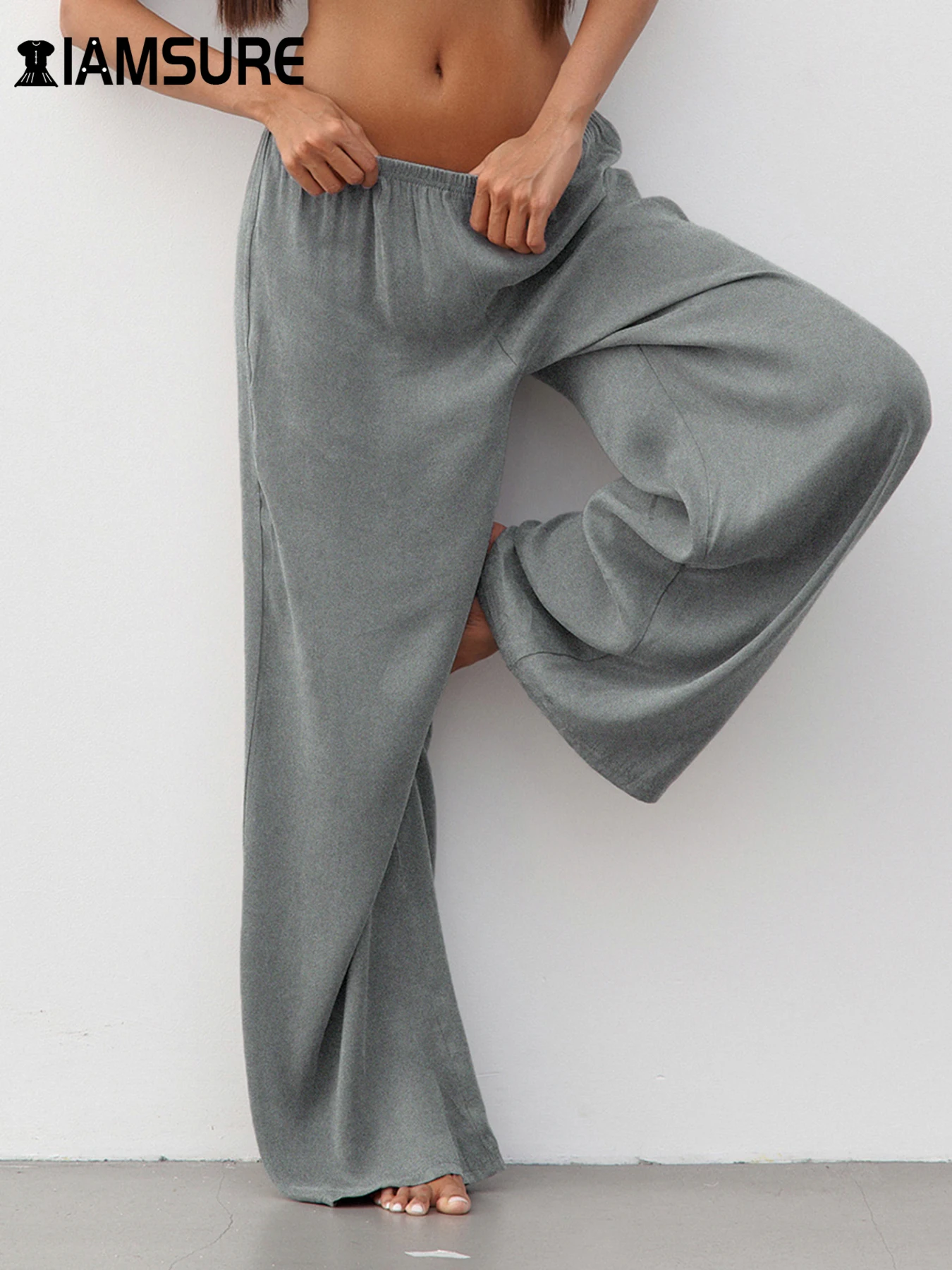

IAMSURE Casual Solid Wide Leg Pants Loose Basic Mid-Waisted Straight Pants Women 2025 Spring Autumn Streetwear Ladies