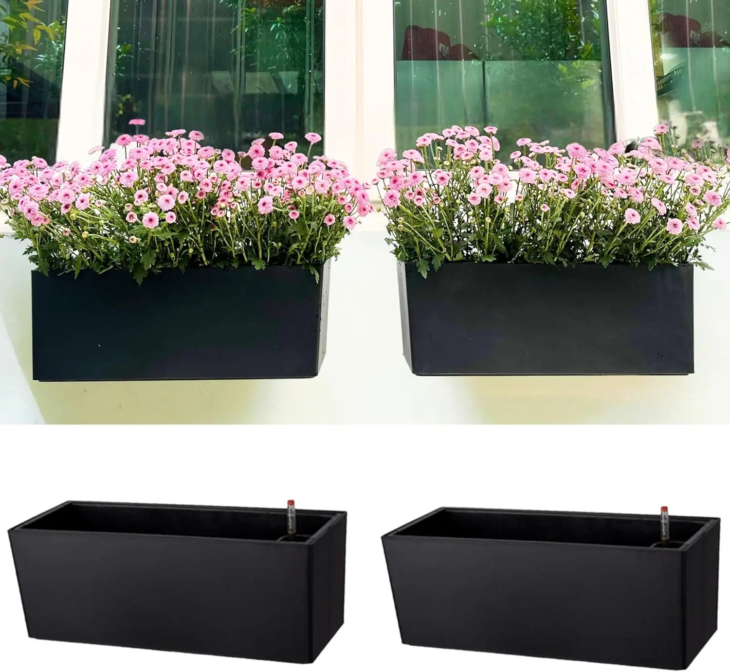 

Self-Watering Rectangular Window Planter Box (2 Pack, 20 Inch) Black with Bracket for Indoor Outdoor Vertical Garden