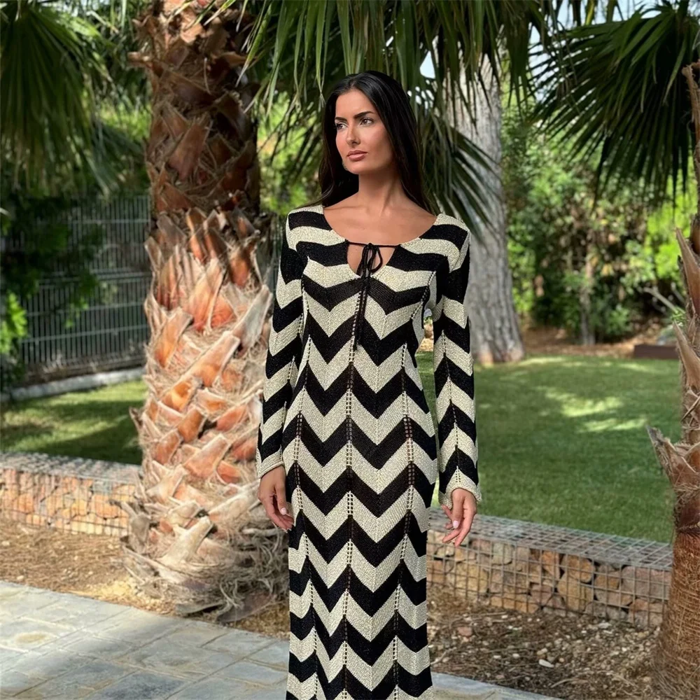 

Taop&Za 2024 Autumn New Product Women's Temperament Slimming Wave Striped Knitted Long Sleeve Dress