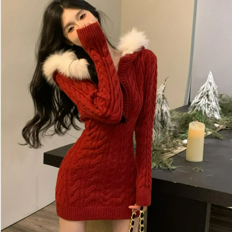 New Fashion Hooded Fur Collar Tight-fitting Dress 2026 Autumn/Winter Pure Desire Hot Girl Christmas Sexy Battle Dress for Women
